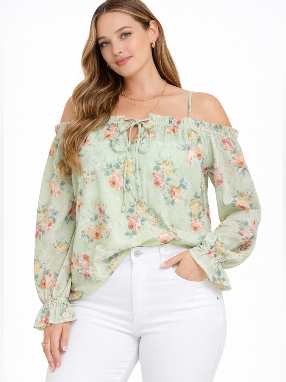 Lumiere Off The Shoulder Green Floral Top Size M NWT Boho Blouse